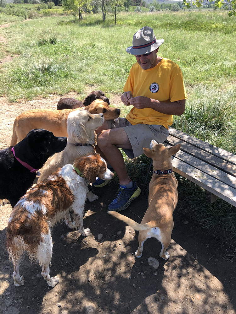 “Uncle Mike” handing out treats at the lake with Timber, Winnie, Izzy, Selkie, Danny and Mouse
